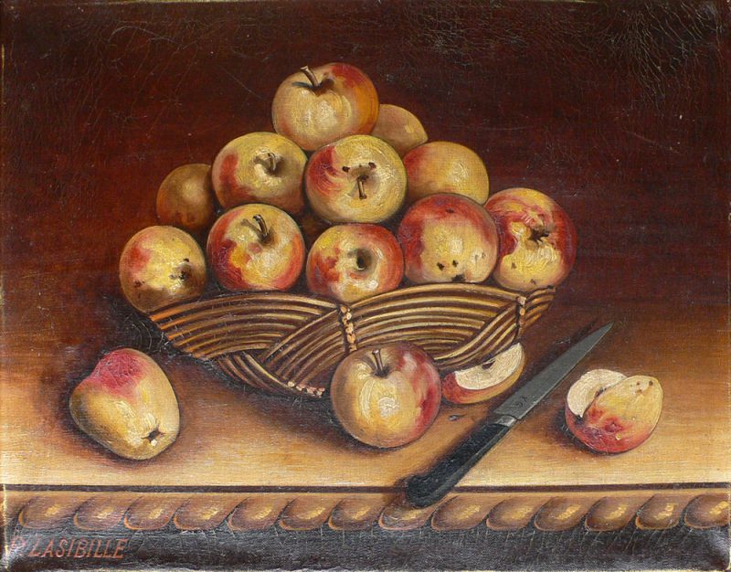 Apples - Folk Art Painting Signed Lasbille