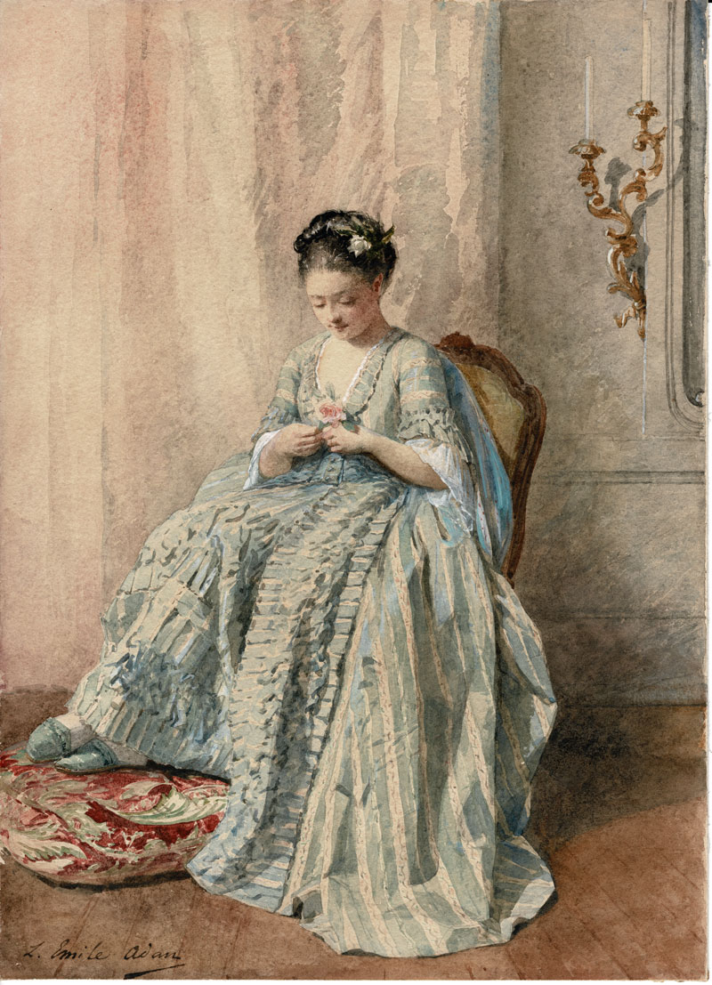 Louis-Emile Adan - Original Watercolor -Girl with a Rose - Village