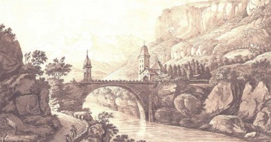 Antique Engraving – Bridge Near St. Maurice Switzerland